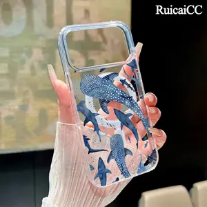 Blue Watercolor Shark Ocean Pattern Magnetic Phone Case for iPhone 15 Plus 17 16 Pro Max Air 14 13 12 11 Transparent Shockproof Soft Premium Stylish Durable Protection Case