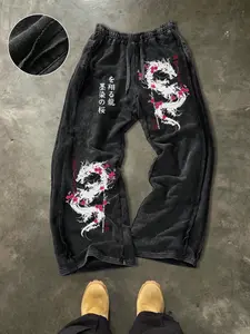 Men's Casual Loose Cotton Sports Pants, Tokyo Cherry Blossom Dragon Print, Street Style, Drawstring Waist, Ankle Length, All Seasons