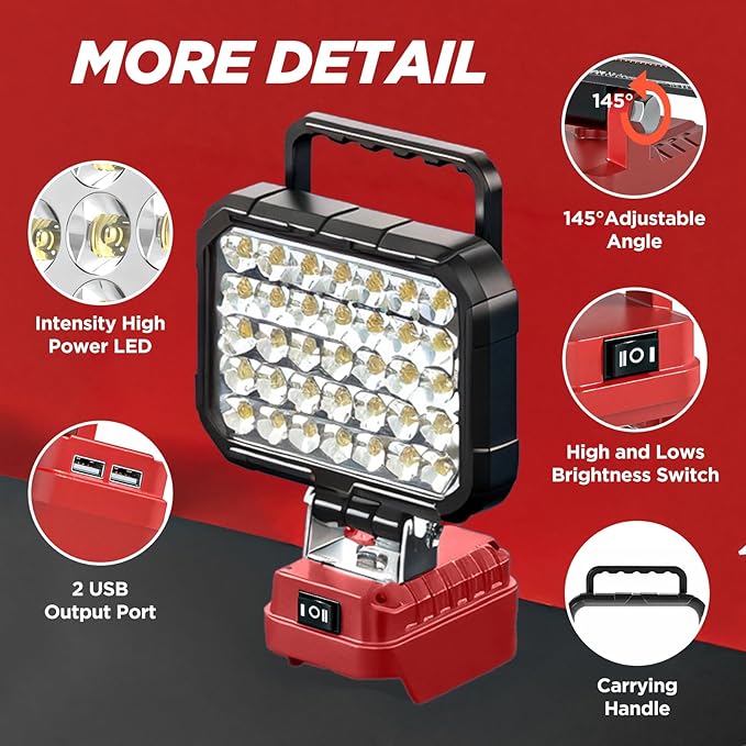 Rechargeable wireless LED portable work light, handheld lamp, semi-recessed installation, with two brightness levels. Suitable for decoration, car maintenance, outdoor fishing and emergency lighting (battery not included)