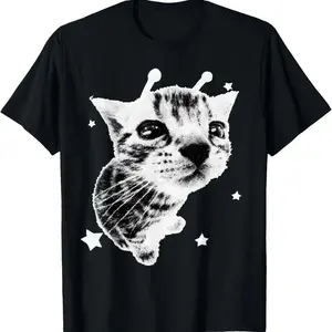 Y2K Alien Cat Meme Retro Silly Cat Vintage Kitty Funny Shirt T-Shirt Pure Cotton Graphic Tees Unisex Casual Wear for Men & Women - Womenswear