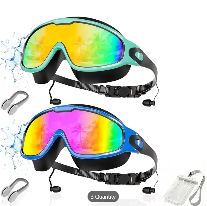 Swimming Goggles Wide View Anti-Fog No Leaking Swim Goggles for Adult Men Women Youth, Mirrored Lens with Earplugs & Nose Clip, UV Protection Triathlon Pool Gear