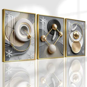 3 Counts Aluminum Alloy Framed Painting, Abstract Geometric Gold Feather Art Pictures, Home Decoration For Living Room, Bedroom, Office, Restaurant, Hallway Wall Decor, Odorless Print Artwork, Luxury Perfect Gift For Friends And Family