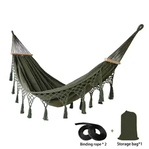 Boho Double Canvas Hammock with Macrame Fringe Heavy Duty Hanging Swing Bed Anti Tip for Outdoor  Backyard and Indoor Aesthetic Decor