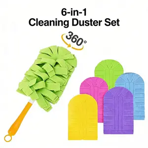 6-in-1 Cleaning Duster Set: 5 reusable cloth covers & 1 handle. 360° rotatable fleece duster brush for wet & dry use. Effectively removes dust, water stains and hair, ideal for kitchen, living room, bathroom and bedroom.