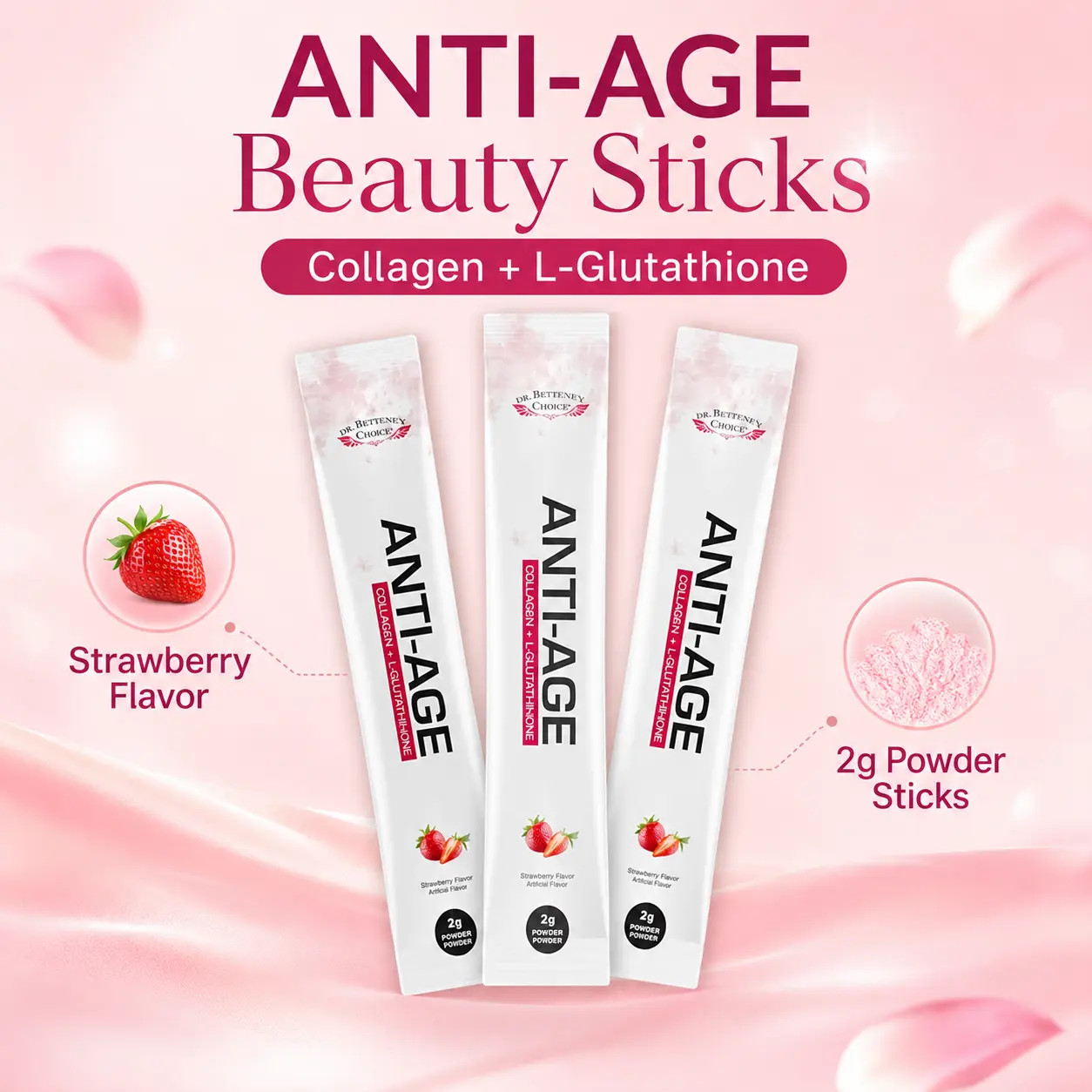 Dr. Bethune's Choice Anti-Age Beauty Sticks, Collagen + L-Glutathione Strawberry Flavor Beauty Drink Powder, Skin Hydration & Glow Support