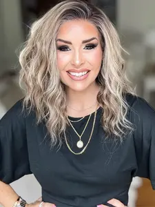 MACA BAKA Zuri Hazel Beige Brown Ombre Highlight Short Water Wave Lace Front Wigs with Scandinavian Hairline 12 Inches Low Density Brown Blonde Loose Curly HD Synthetic Lace Front Wigs for Women Pre Plucked