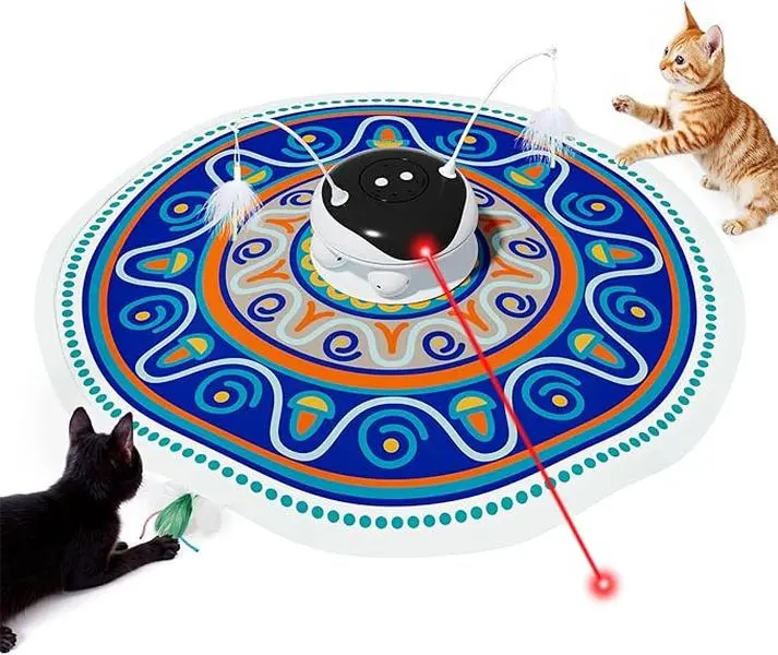 Gardner Pet Cartoon Cat Laser Interactive Toy - Chirping 5-in-1 Chargeable Automatic Toy with 3 Play Modes, 360° Rotating Design, Moving Ambush Feather, Ball/Chaser Track, 24-in Fabric Cover, Universal Fit for All Cat Breeds