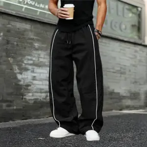 American-Style Wide-Leg Parachute Pants with White Side Stripes Quick-Drying Breathable Design Drawstring Cuffs Unisex Loose Fit for Streetwear Dance Skateboarding Casual Workwear Menswear Stylish Trouser Plain fathersdaygift