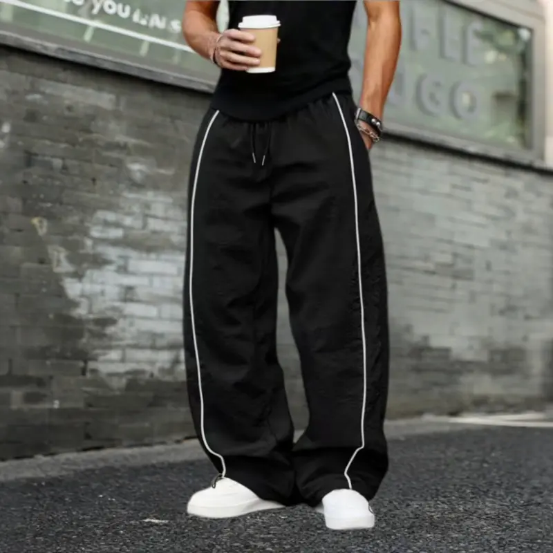 American Style Wide Leg Parachute Pants with White Side Stripes Quick Drying Breathable Design Drawstring Cuffs Unisex Loose Fit for Streetwear Dance Skateboarding Casual Workwear Menswear Stylish Trouser Plain