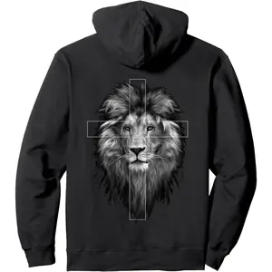 Men's Jesus Lion of Judah Graphic Hoodie - Cotton Blend Black Long Sleeve Pullover Regular Fit | Soft & Breathable Fabric, Durable Print, Everyday Comfort, Machine Washable, religious art spiritual symbolism