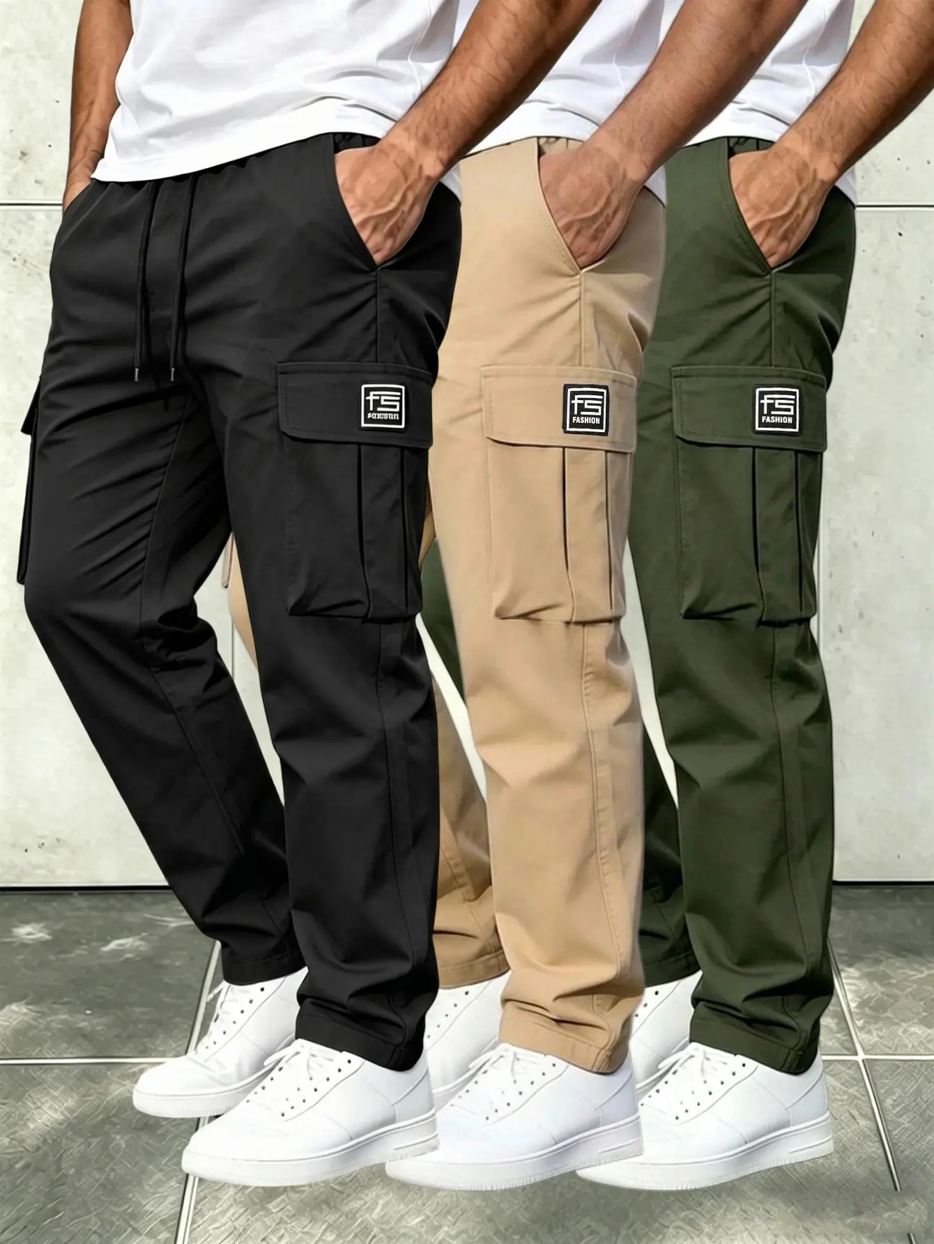 Men’s comfortable cargo pants with an elastic waistband and drawstring, loose wide legs and multiple pockets; casual work pants suitable for outdoor hiking, streetwear, and everyday wear—all-season trendy loose cargo pants.
