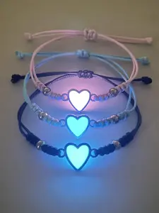 3-Piece Glow-In-The-Dark Heart Bracelet Set, Cute Handmade Woven Friendship Gift, Perfect for Loved Ones, Unique Handcrafted Jewelry