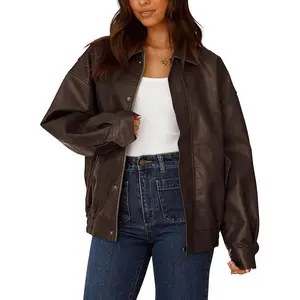 PRETTYGARDEN Women's Faux Leather Motorcycle Jacket Trendy Fall Spring Clothes Oversized Zip Up Winter Coat Outerwear Long Sleeve Drop Shoulder Plain Pattern Casual Chic Edgy Style