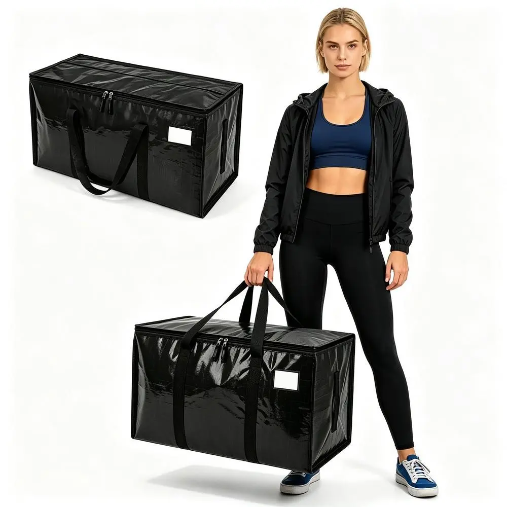 2-Pack Black Rectangular PE Plastic Moving Storage Totes with Reinforced Carry Strap, Tearproof Zipper, Foldable Waterproof Heavy-Duty Organizer for Household Moving Days