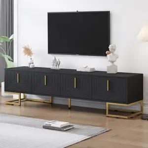 Modern TV Stand Media Console for 80 Inch TVs Black Luxury Cabinet with Adjustable Shelves Geometric Design Gold Handles Metal Legs for Living Room