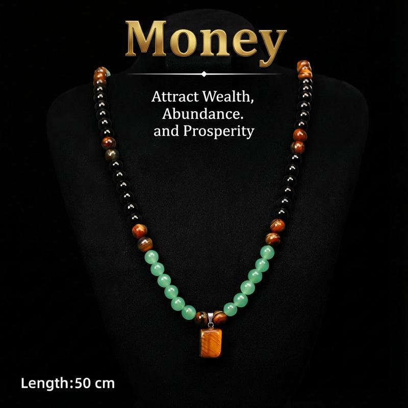 Money Attraction Necklace With GreenAventurine & Tiger Eye Pendant Healing Crystal Stone ，Anniversary, Vacation &Theme Parties Jewelry Charms Abundance Crystal bracelet，Long Chain，Sweater chain，Ideal Gift Jewelry for Men and Women