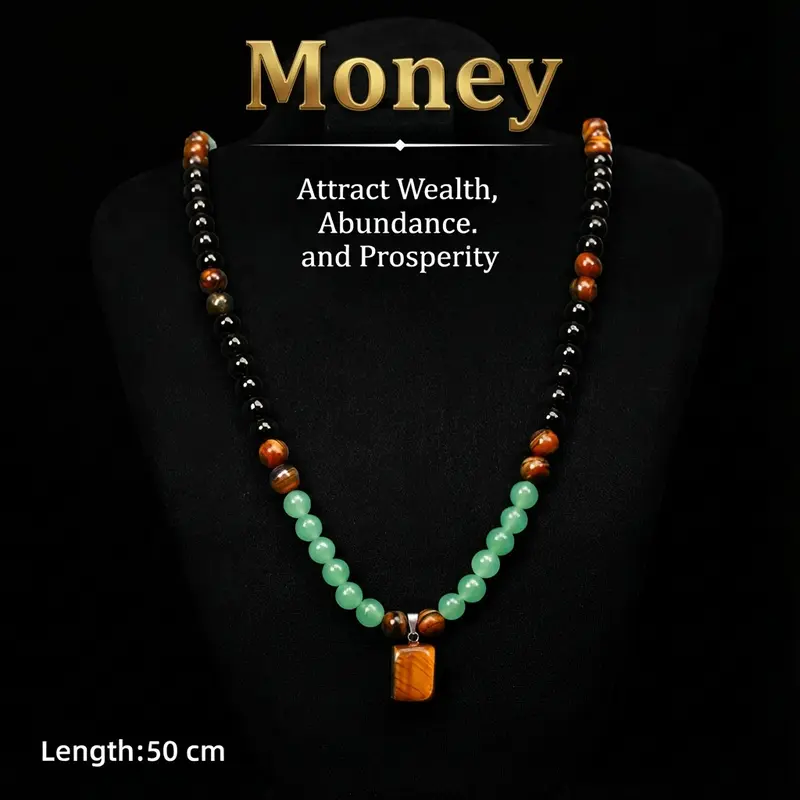 Money Attraction Necklace With GreenAventurine & Tiger Eye Pendant Healing Crystal Stone ，Anniversary, Vacation &Theme Parties Jewelry Charms Abundance Crystal bracelet，Long Chain，Sweater chain，Ideal Gift Jewelry for Men and Women
