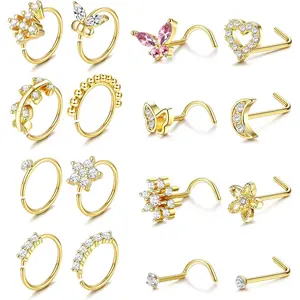 2025 Summer 16Pcs Nose Rings - Women's Surgical Steel Nose Studs & Hoops  20G,L Shaped, Corkscrew, Gold, Silver)