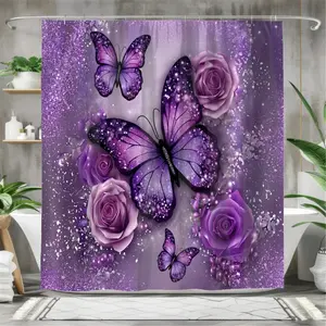 1/4 piece dreamy purple glitter butterfly rose shower curtain set, waterproof shower curtain with 12 hooks, non-slip bathroom carpet, toilet U-shaped cushion, toilet seat cover cushion, bathroom decoration, bathroom shower curtain set, perfect mobile gift