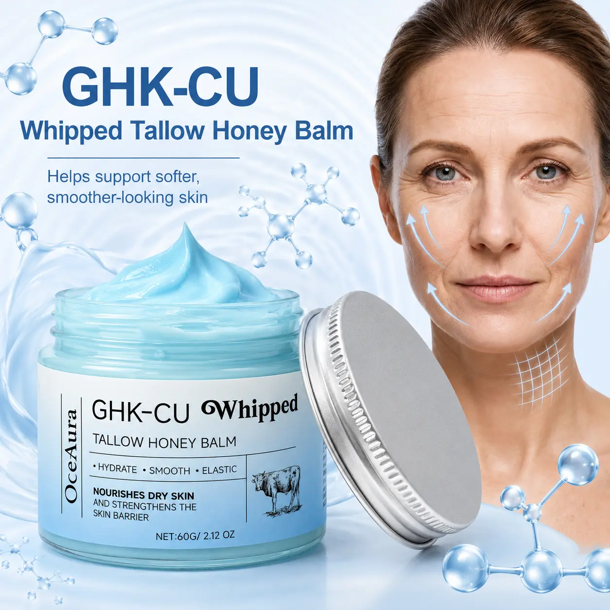 GHK-CU Whipped Tallow Balm, Honey Infused Moisturizer for Face & Body, Hydrating Skin Care Cream for Dry Skin, Nourishing Daily Moisturizer with Peptide Inspired Formula, 60g