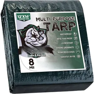 Finished Size 12x16   Green Tarp 8 Mil Thick, Multipurpose Protective Cover for  Rain Shelter Camping Tarpaulin