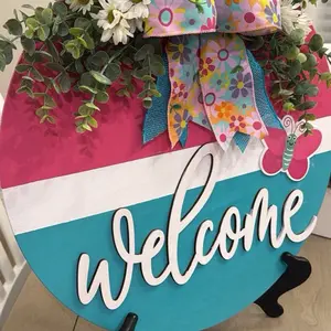 Pink and Teal Welcome Door Hanger with Bow and Greenery 18in Spring Decor for Home Entrance