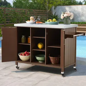 Solid Wood Outdoor Kitchen Island Grill Cart, Movable Patio Bar Cart with Stainless Steel Top, BBQ Table with Built-In Storage Cabinet, Spice Rack & Towel Bar, Wheeled Mobile Design for Patio, Balcony, Backyard & Garden