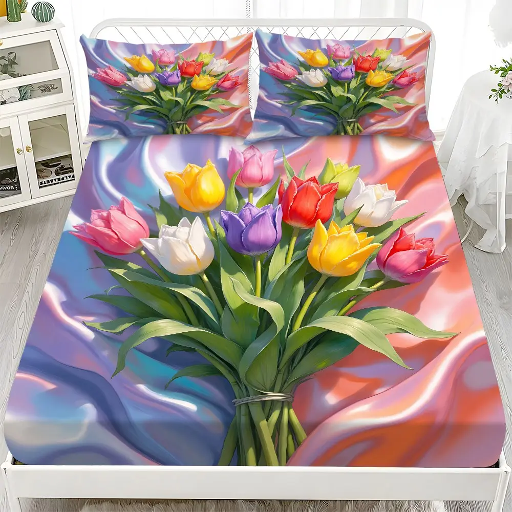 Fitted Sheet 3-Piece Set - 2D Flat Tulip Pattern Mattress Cover (1 fitted sheet + 2 pillowcases, no insert), stylish, soft, and comfortable sheets, skin-friendly and breathable bedding, suitable for family bedrooms and guest rooms, all year round.