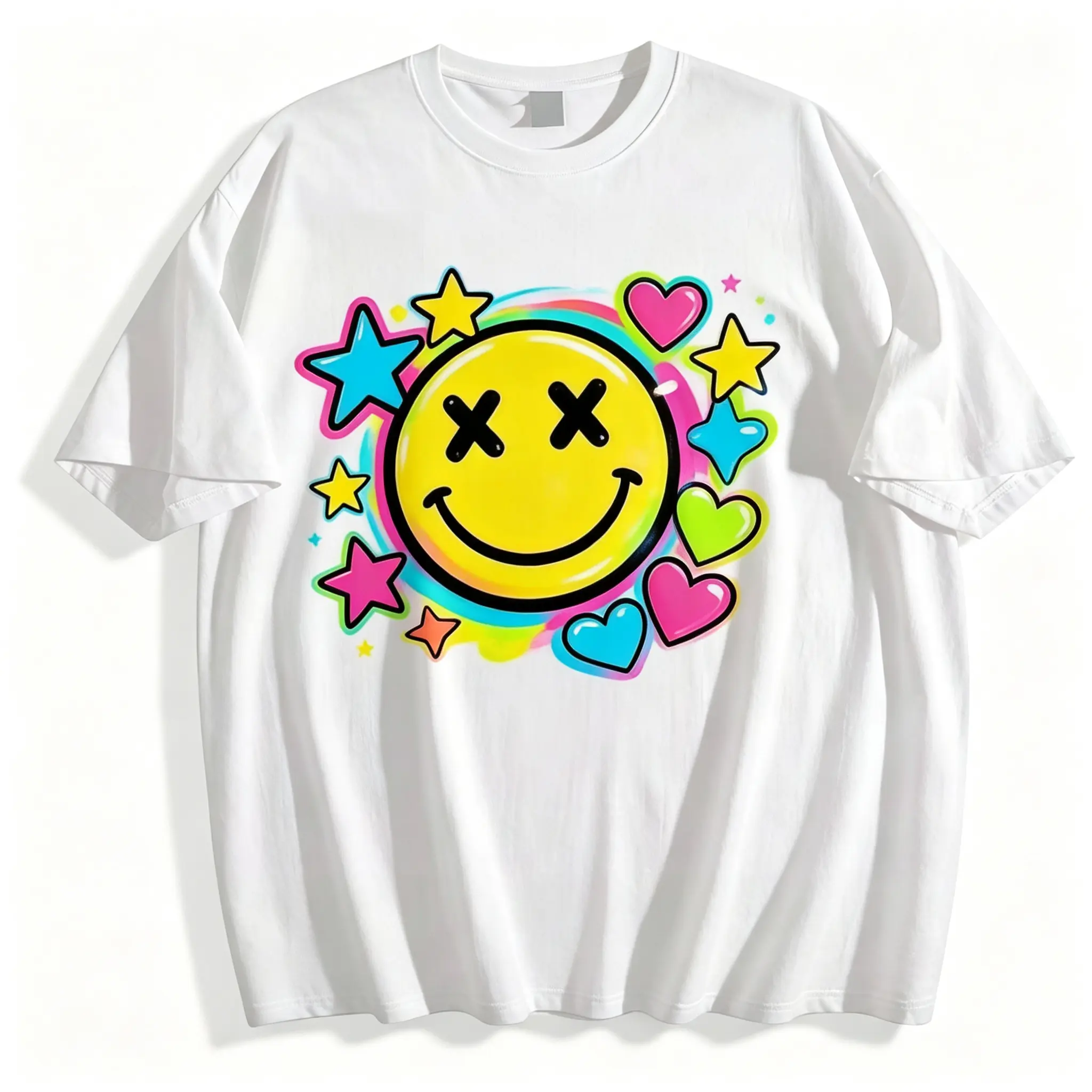 Unisex Cotton Smiley Face T-Shirt, Casual Loose Fit Colorful Graphic Tee
