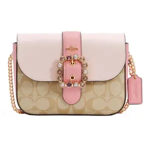 COACH Gemma 18-Diamond Pearl-Embellished Color-Block Chain Crossbody Bag for Women in Light Khaki and Pink