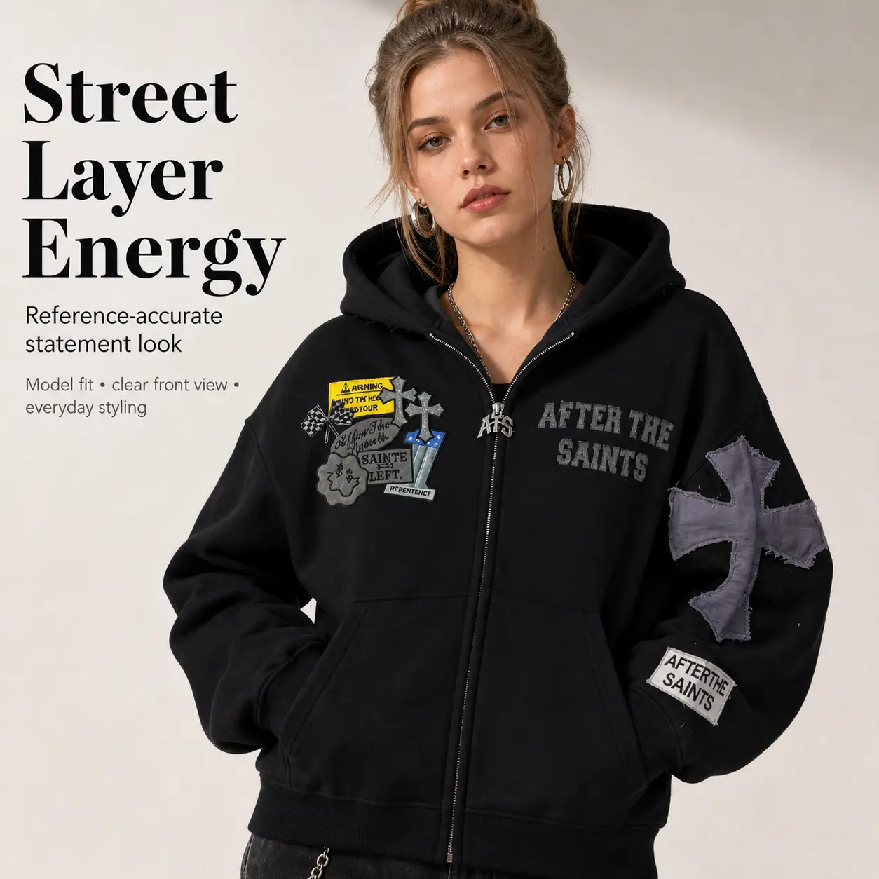 Plus Size Cross Patch Letter Graphic Raw Edge Zip Up Hoodie Long Sleeve Fleece Lined Gothic Street Jacket With Front Kangaroo Pocket