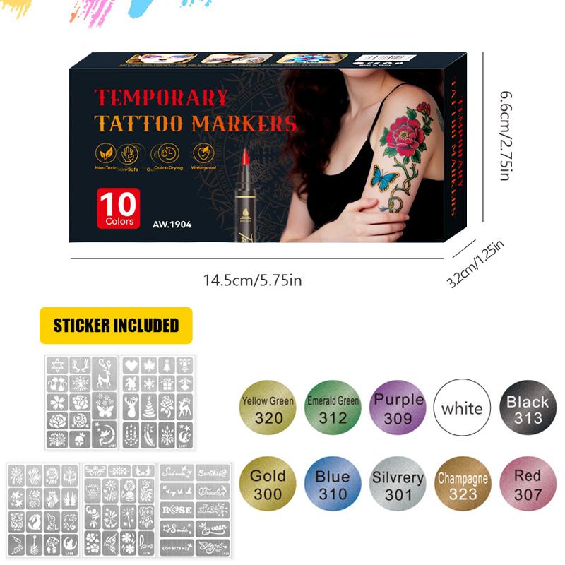 10-Color Washable Tattoo Marker Pens for Kids and Adults, Body&Face Art Drawing Kit with Tattoo Stencils,Skin-Safe Non-Toxic Temporary Tattoos for Kids Adults, Flexible Brush Tip,Bright colors,Cosmetic Quality for DIY Designs, Party Makeup, Christmas gift