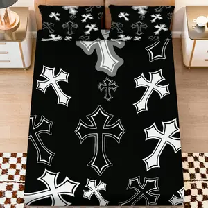 3Pcs Gothic Cross Black Fitted Sheet Three Piece Set (1*Fitted Sheet+2*Pillowcases, Coreless), Halloween theme, Cross Pattern Bedding Set, Mattress Protector Soft, Breathable, Bed Sheets Set