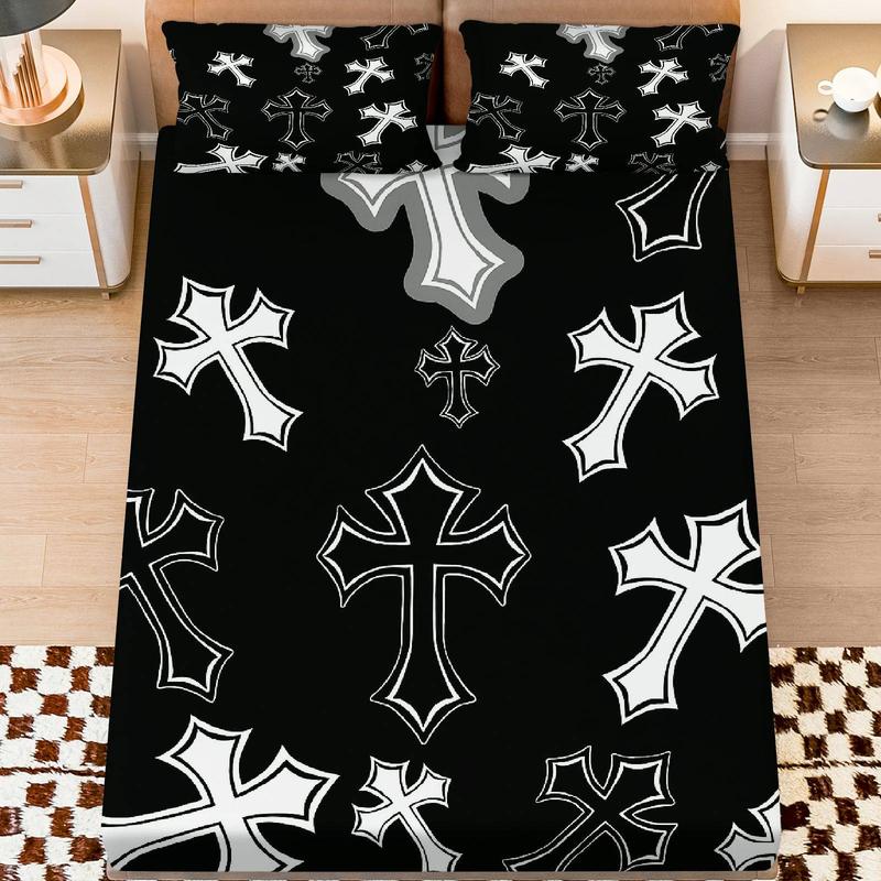 3Pcs Gothic Cross Black Fitted Sheet Three Piece Set (1*Fitted Sheet+2*Pillowcases, Coreless), Halloween theme, Cross Pattern Bedding Set, Mattress Protector Soft, Breathable