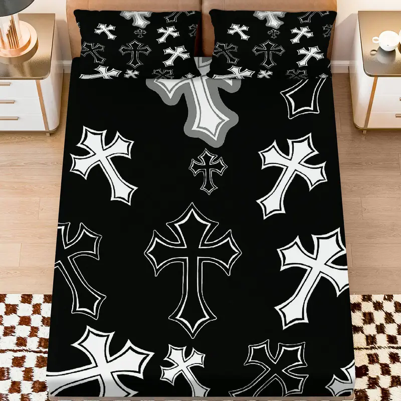 3Pcs Gothic Cross Black Fitted Sheet Three Piece Set (1*Fitted Sheet+2*Pillowcases, Coreless), Halloween theme, Cross Pattern Bedding Set, Mattress Protector Soft, Breathable