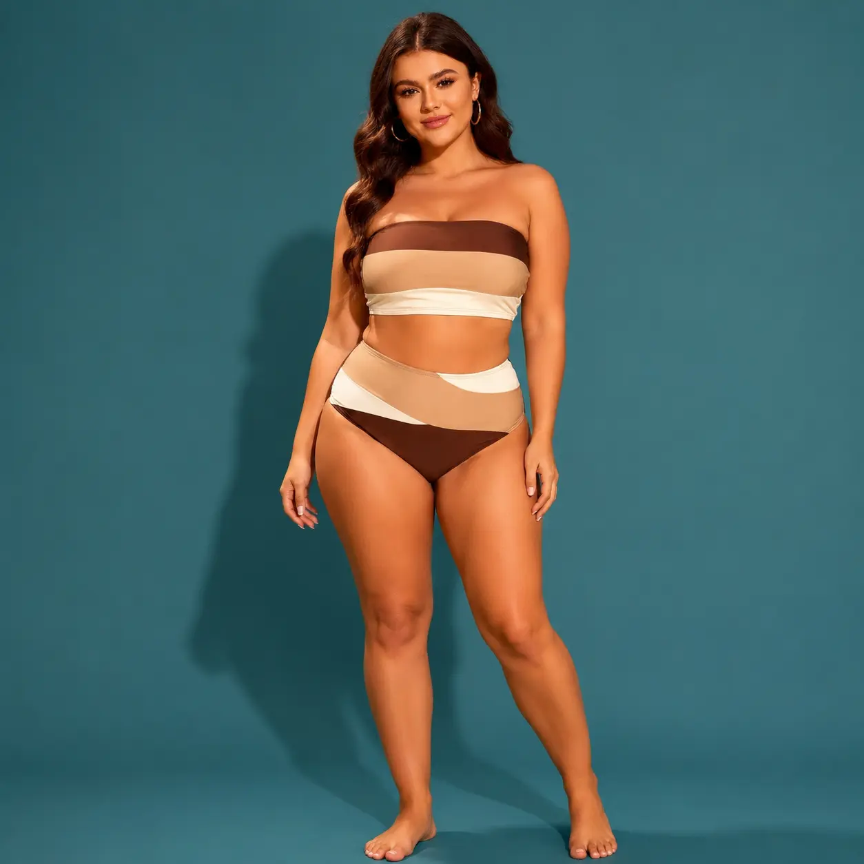 Plus Size Color Block Bandeau Bikini Set for Women, Strapless Two Piece Swimsuit with High Waisted Bottom, Brown Tan Cream Panel Swimwear, Curve Beach Vacation Bathing Suit, Resort Poolside Bandeau Swim Set