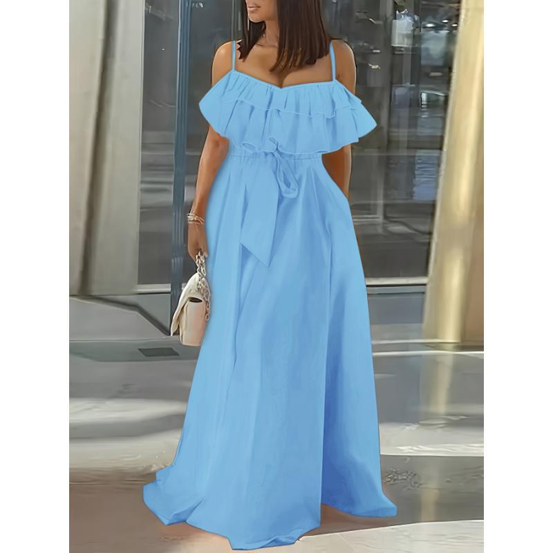 Ruffle Trim Sleeveless Cami Dress, Tie-waist Strap Maxi Length Dress, Women's Clothing Elegant Loose Midi Flowery Backless Mini white  dress  girl shein body con summer  outfits prom chain decor Renaissance Lace-Up drop  waist  gown