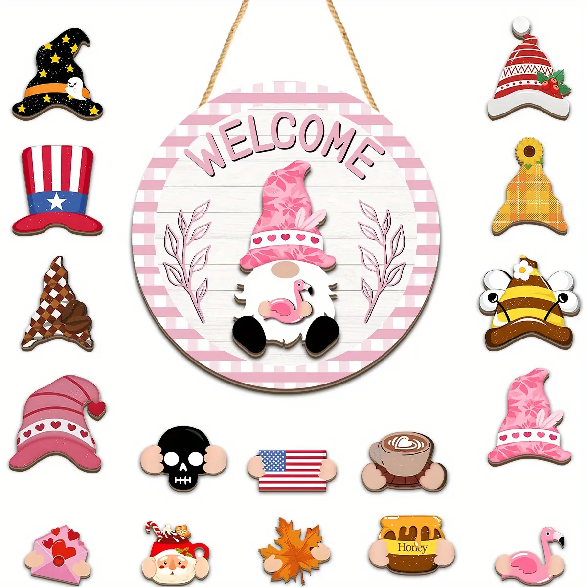 1 Set Gnome Wooden Decorative Plaque & Ornament Welcome Round Door Hanger Wall Hanging Ornament Interchangeable Seasonal Festive Decoration Suitable for Homes, Offices & Cafes Decoration for Thanksgiving, Halloween & Christmas Wooden Gnome Decorations