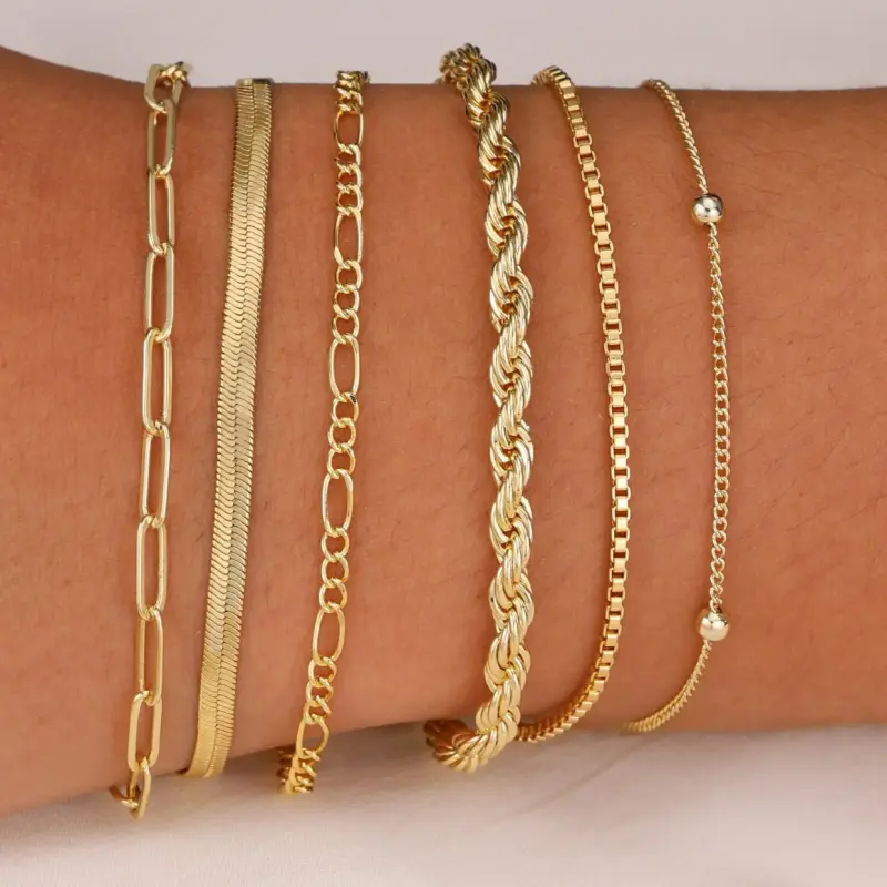 14K Gold Plated CopperBracelets for Women Waterproof, Jewelry Sets forWomen Trendy Thin Dainty Stackable Cuban LinkPaperclip Chain Bracelet Pack Fashion AccessoriesGifts for Womens For Mother's Day gifts