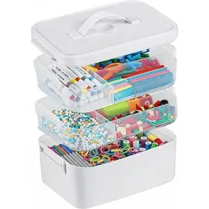 3-Layer Plastic Craft Organizers and Storage Box with Removable Trays, Storage Containers with lids and Handle, Art Supply Storage Organizer for Bead, Ornament, Nail Polish, Tape（10.62" x9"x7.67"）