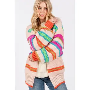 Rainbow Stripe Open Front Chunky Knit Cardigan