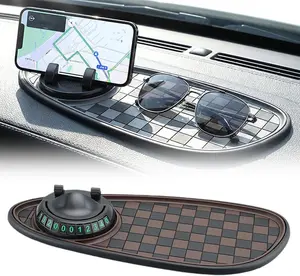 Multifunctional Car Anti-Slip Pad, 3 in 1 Rotatable Non-Slip Vehicle Dashboard Mat with Phone Holder & Temporary Parking Number, Dash Storage Pad for Key Gadget, Universal Fit (Brown/Black)