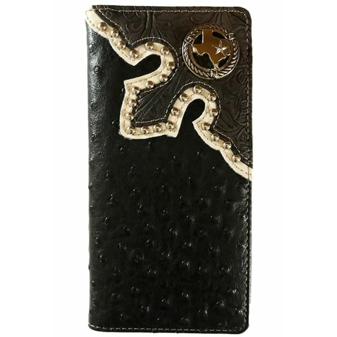 Men's Texas State Western Bifold Wallet Black Ostrich Checkbook Style