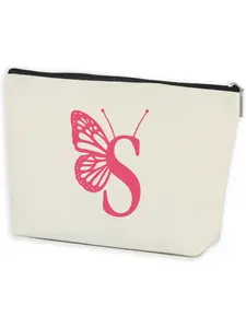 Initial Makeup Bags for Women Lined Monogram Cosmetic Bag Birthday Gifts for Women Girls Bridesmaid Best Friends Sisters, Travel Toiletry Bag, Pink Butterfly Letter S