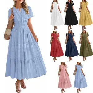 2025 European and American Women's V-neck Pleated Puff Sleeves Large Short-sleeved Dress Street Trendy Dress