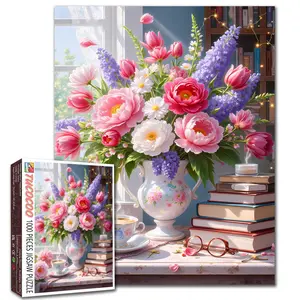 Tucocoo Romantic Flower Arrangement with Books 1000 Pieces Jigsaw Puzzle for Adult, pink blooms in vase beside stacked books warm light cozy reading scene, relaxing hobby brain training family fun decorative wall art gift 27.5x20inch 70x50cm