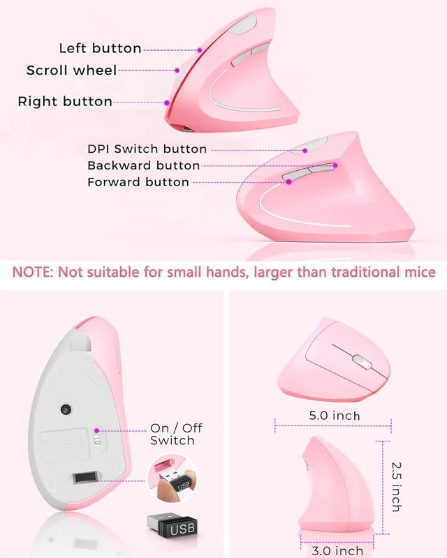 Ergonomic Mouse Wireless, Rechargeable Mouse Silent for Carpal Tunnel Right Hand, 2.4GHz USB Vertical Mouse Wireless for Laptop etc, 3 Adjustable  800/1200/1600 DPI, pink