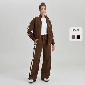 Women's Sporty Mock Neck Contrast Stripe Zipper Sweatshirt & Wide Leg Trousers Co-ord Set & Separates, Comfort Basic Letter Print Tracksuit for Lady (CN)