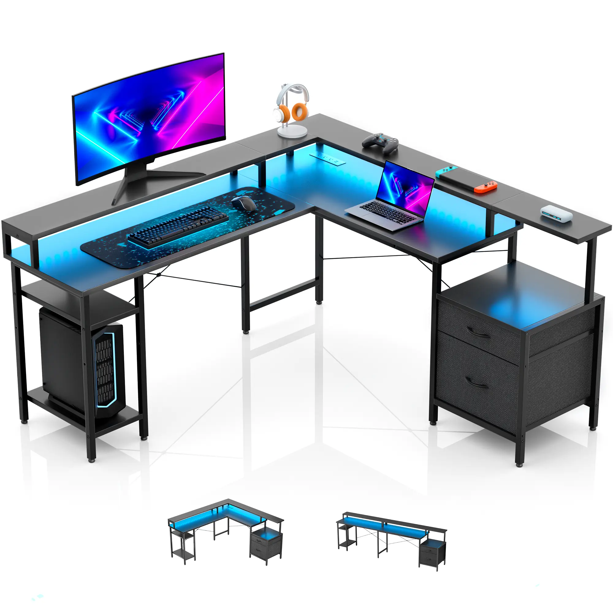 Mr IRONSTONE L Shaped Gaming Desk with LED Lights & Power Outlets, Reversible Computer Desk with Monitor Stand & Storage Shelves & Bag, Large Corner Home Office Desk with Pegboard for Work from Home, Black