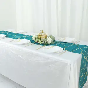 Polyester 9ft Table Runner Teal with Gold Foil Modern Geometric Accent